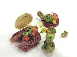 Veal Tongue, Ha' Sikil P'ak & Brussels Sprouts Pico served by Daniela Soto-Innes of Cosme NYC